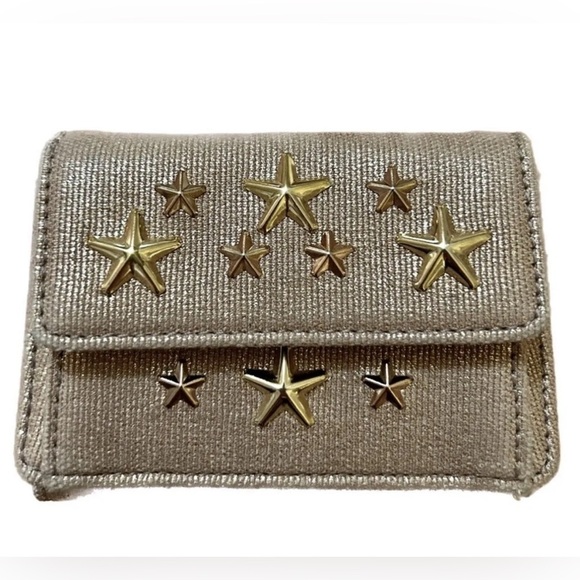 JIMMY CHOO NEMO STAR STUD METALLIC DENIM TRIFOLD WALLET RARE - Picture 4 of 11